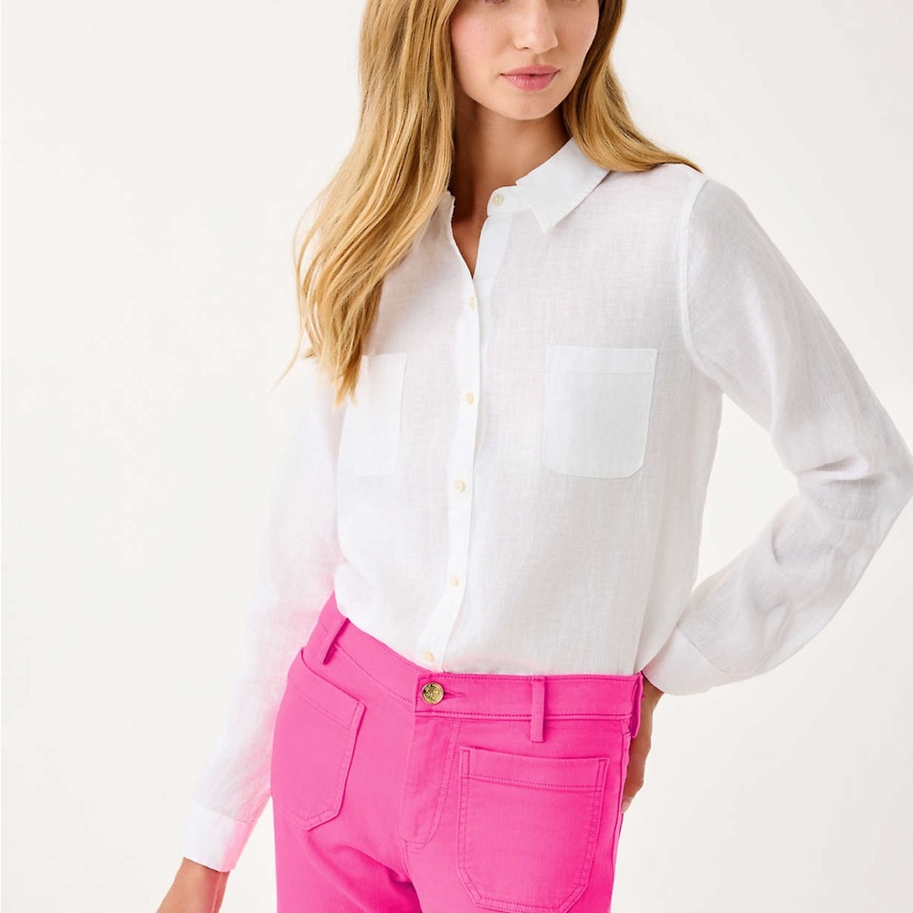Lilly Pulitzer White Linen Casual Button Down Shirt size Large